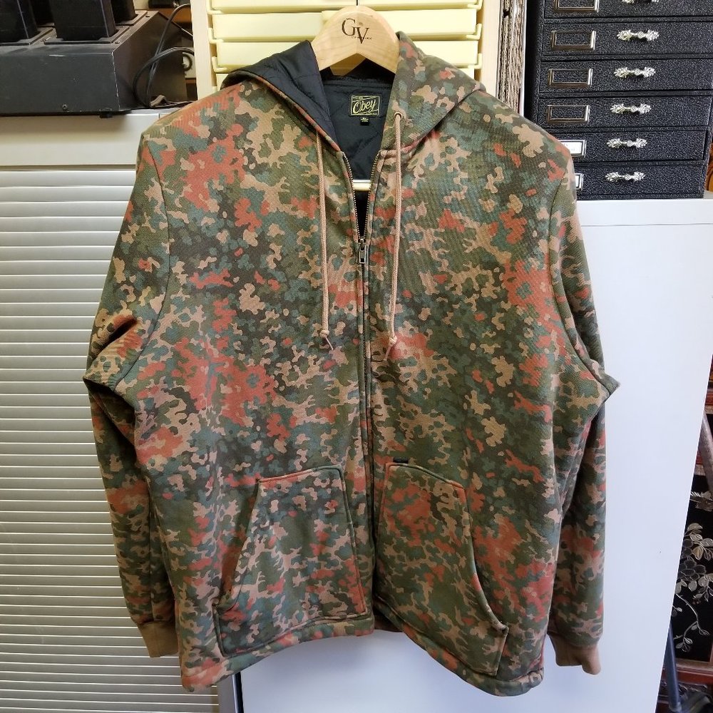Obey Men's XL Camo Heavyweight Full Zip Hooded Sweatshirt Jacket Green Brown